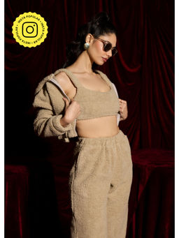 Lea Clothing - Winter Tan Teddy Crop Zip-Up Hoodie Jacket
