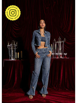 Lea Clothing - Indigo Wide-Leg Embellished Jeans