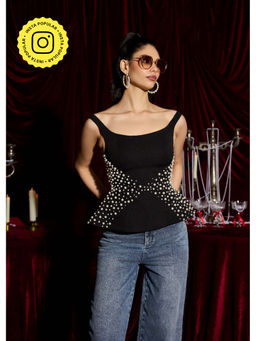 Lea Clothing - Starlit Black Pearl Embroidered Peplum Top