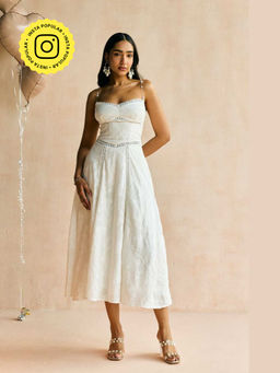 Lea Clothing - The Elan White Jacquard Lace Midi Dress