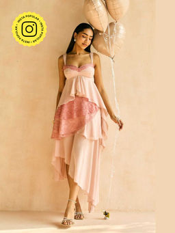 Lea Clothing - Blush Lace-Trim Asymmetric Hem Top
