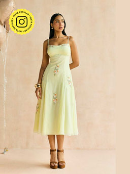 Lea Clothing - Buttercup Yellow Embroidered Godet Midi Dress