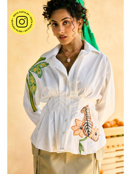 Lea Clothing - Womens Panna Baag Cinched Embroidered Pleated Shirt