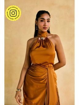 Lea Clothing - Kinnow Mustard Beaded Scarf Tassel Halter Top