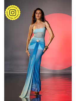 Lea Clothing - Dory Blue Ombre Mesh Ruched Maxi Dress