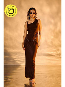 Lea Clothing - Milky Chocolate Brown Draped Bodycon Maxi Dress