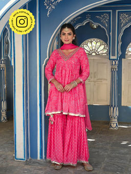 Mahee Jaipur - Pink Rubab Muslin Kurta & Sharara with Dupatta (Set of 3)