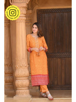 Mahee Jaipur - Orange Jharoka Muslin Gota Work & Tassels Kurta with Pant (Set of 2)