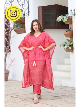 Mahee Jaipur - Red Bandhani & Leheriya with Mirror Work Kaftan with Pant (Set of 2)