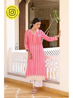 Mahee Jaipur - Pink Sequence, Pearl And Lace Kurta with Pants (Set of 2)