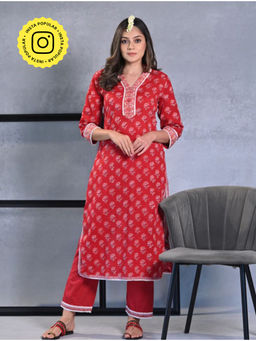 Mahee Jaipur - Red Mogra Hand block Mul Cotton Kurta & Pant (Set of 2)