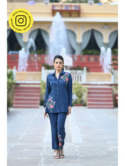Mahee Jaipur - Blue Floral Placement Pure Crepe with Spread Work Co-Ord (Set of 2)