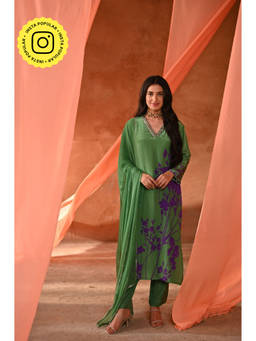 Mahee Jaipur - Green Floral Print Crepe Suit with Chiffon Dupatta (Set of 3)