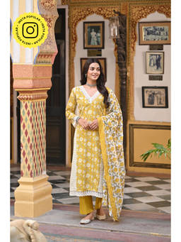 Mahee Jaipur - Block Print Izra Mustard Cotton Kurta & Pant with Dupatta (Set of 3)