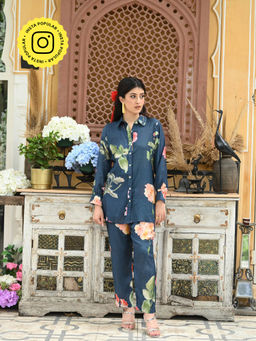 Mahee Jaipur - Brush Floral Print Blue Co-Ord (Set of 2)