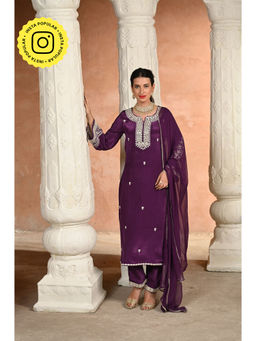 Mahee Jaipur - Purple Qurbat White Embroidered Crepe Kurta & Pant with Dupatta (Set of 3)