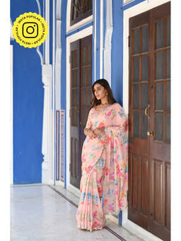 Mahee Jaipur - Peach Fleuriest Mirror Border Pure Crepe Saree with Unstitched Blouse