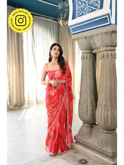 Mahee Jaipur - Crimson Red Floral Print Scalloped Mirror Border Saree with Unstitched Blouse