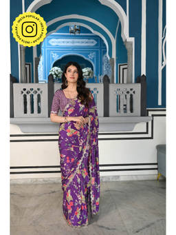 Mahee Jaipur - Purple Fleuriest Scalloped Mirror Border Saree with Unstitched Blouse