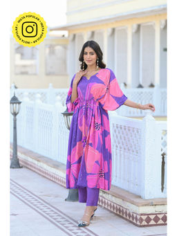 Mahee Jaipur - Purple Floral Print with Sequins Kaftan and Pants (Set of 2)