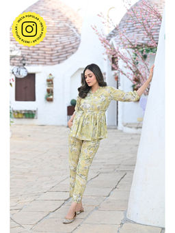 Mahee Jaipur - Green Floral Print Belted Co-Ord (Set of 3)