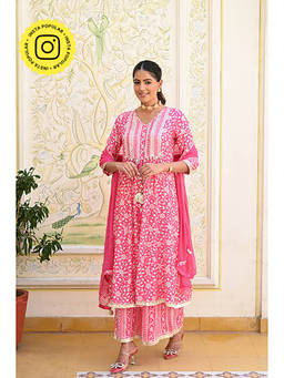 Mahee Jaipur - Pink Safina Muslin Sequins & Gota Work Kurta Palazzo and Dupatta (Set of 3)