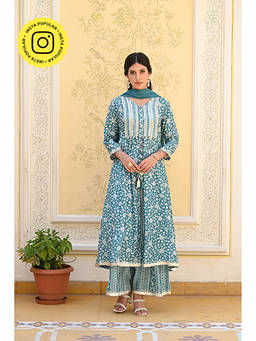 Mahee Jaipur - Sea Blue Safina Muslin Sequins & Gota Work Kurta Palazzo and Dupatta (Set of 3)