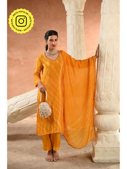 Mahee Jaipur - Yellow Bandhani Pure Crepe Kurta with Pant and Dupatta (Set of 3)