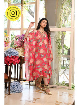 Mahee Jaipur - Punch Pink Floral Print with Gota Patti Work Kaftan Dress