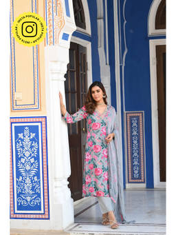 Mahee Jaipur - Grey and Pink Kashish Zarodari Work Kurta and Pant with Dupatta (Set of 3)