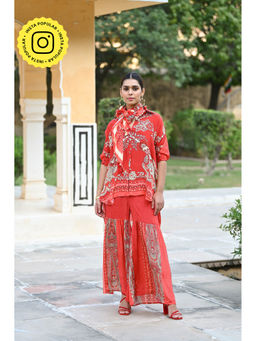 Mahee Jaipur - Red Festoon Kurti with Sharara and Dupatta (Set of 3)