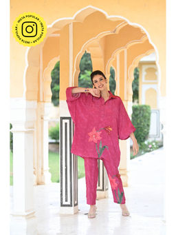 Mahee Jaipur - Pink Floral Print Placement Pure Crepe Co-Ord (Set of 2)