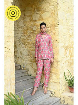 Mahee Jaipur - Pink and Orange Ikat Print Muslin Mirror Work Co-Ord (Set of 2)