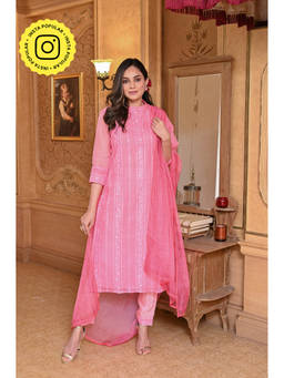 Mahee Jaipur - Pink Aaina Organza Kurta with Pant and Dupatta (Set of 3)