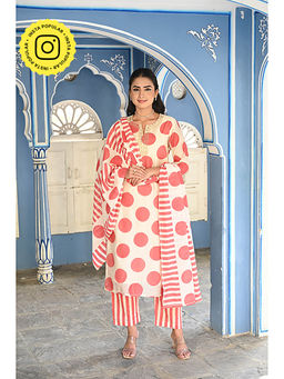 Mahee Jaipur - Cream and Red Polka Dot Chanderi Kurta with Pant and Dupatta (Set of 3)