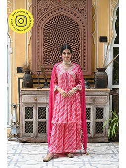 Mahee Jaipur - Pink Muslin Bandhani Kurta with Sharara and Dupatta (Set of 3)