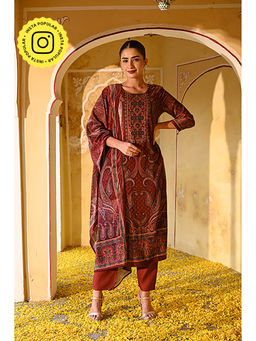 Mahee Jaipur - Brown Paisley Velvet Kuta with Pant and Dupatta (Set of 3)
