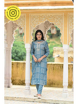 Mahee Jaipur - Cerulean Multiblock Muslin Kurta with Pant and Dupatta (Set of 3)