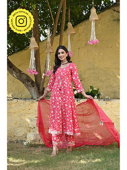 Mahee Jaipur - Dilkash Pink Muslin Anarkali Kurta with Palazzo and Dupatta (Set of 3)
