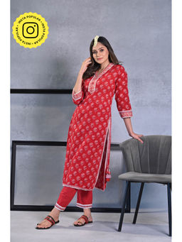 Mahee Jaipur - Red Mogra Handblocked Mul Cotton Kurta with Pant (Set of 2)