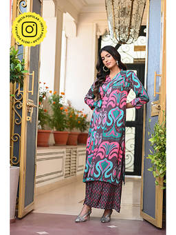 Mahee Jaipur - Pretty Grey Ikat Print Wrap Around Kurta with Wide Palazzo (Set of 2)