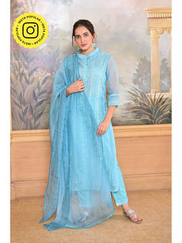 Mahee Jaipur - Sea Blue Aaina Organza Kurta with Pant and Dupatta (Set of 3)