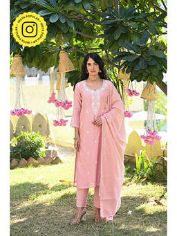 Mahee Jaipur - Blush Pink Embroidered Chanderi Kurta with Pant and Dupatta (Set of 3)