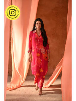 Mahee Jaipur - Pink Bold Floral Crepe Gota Work Kurta with Pant (Set of 2)