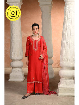 Mahee Jaipur - Red Shagun Pure Chanderi Kurta with Palazzo and Bandhani Dupatta (Set of 3)