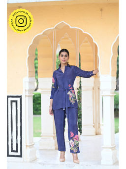Mahee Jaipur - Navy Blue Floral Placement Pure Crepe Co-Ord (Set of 2)