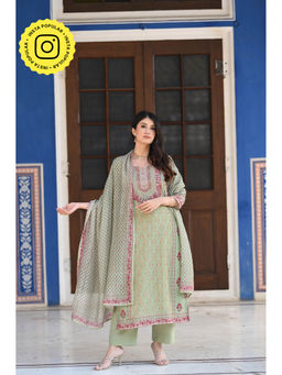 Mahee Jaipur - Green Ikhtiyar Block Print Chanderi Kurta with Pant and Dupatta (Set of 3)