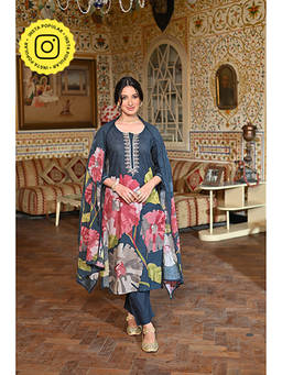 Mahee Jaipur - Navy Blue Cotton Floral Kurta with Pant and Dupatta (Set of 3)