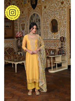 Mahee Jaipur - Yellow Zubeida Chanderi Kurta with Pant and Dupatta (Set of 3)