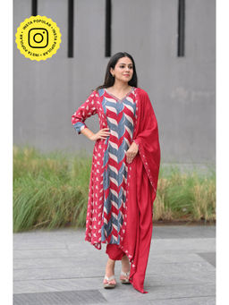 Mahee Jaipur - Red and Grey Waves Anarkali Kurta with Pant and Dupatta (Set of 3)